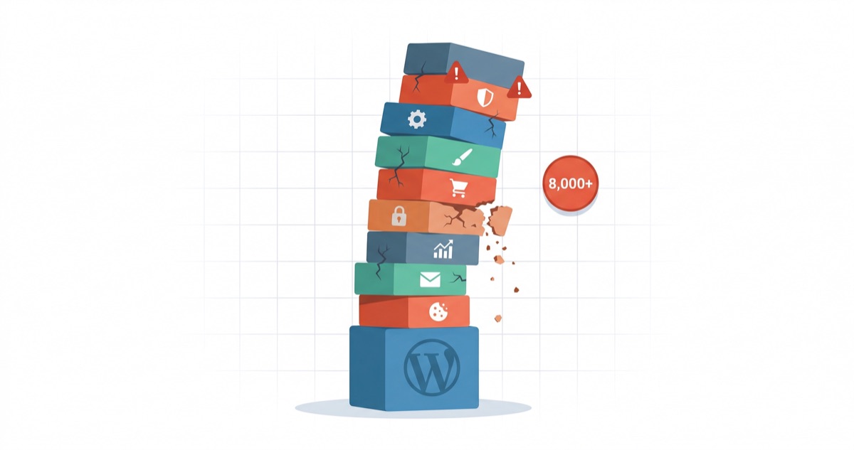 Torre precaria de plugins de WordPress con indicadores de vulnerabilidades
