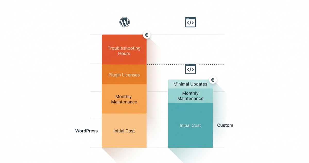 Gráfico comparativo del coste total de propiedad a 3 años: WordPress vs web a medida